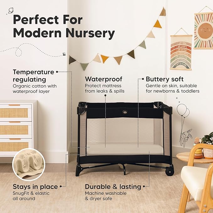 2-Pack Pack and Play Sheets, Waterproof Mini Crib Sheets Fitted - Organic Cotton Pack N Play Sheets for Graco Pack and Play Mattress, Playard Baby Crib Sheets, Neutral for Boy,Girl Toddler (Macadamia)