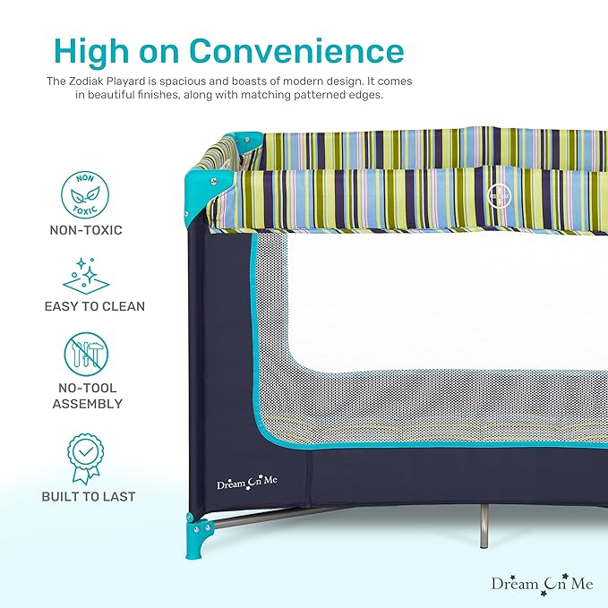 Dream On Me Zodiak Portable Playard in Navy, Lightweight, Packable and Easy Setup Baby Playard, Breathable Mesh Sides and Soft Fabric - Comes with a Removable Padded Mat