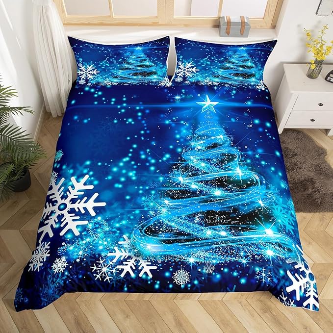 Manfei Blue Xmas Tree Duvet Cover Set King Size, White Snowflake Print Comforter Cover with 2 Pillowcases, Christmas Theme Bedding Set 3pcs for Kids Boys Girls Bedroom Decor,No Comforter