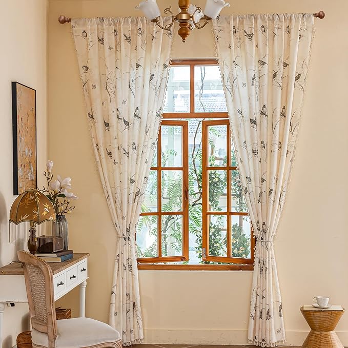 ENJOYBRIDAL Bird Patterned Curtains 63 Inch Long Semi Sheer Living Room Drapes Floral Bedroom Printed Short Window Curtain Panels Boho 2 Panels Farmhouse Botanical Rod Pocket Window Treatments