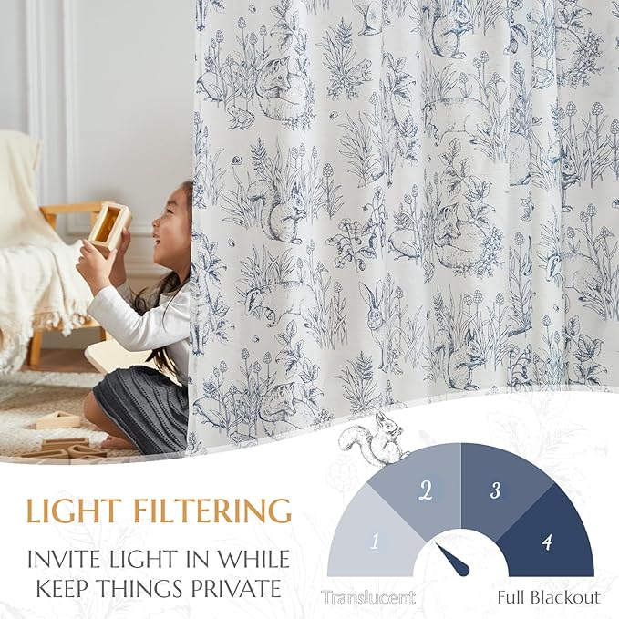 jinchan Linen Nursery Curtains 96 inch Long Woodland Wildlife Blue Print Drapes for Kid's Room Light Filtering French Country Farmhouse Curtains with Bunny and Forest Design Set of 2 Panels