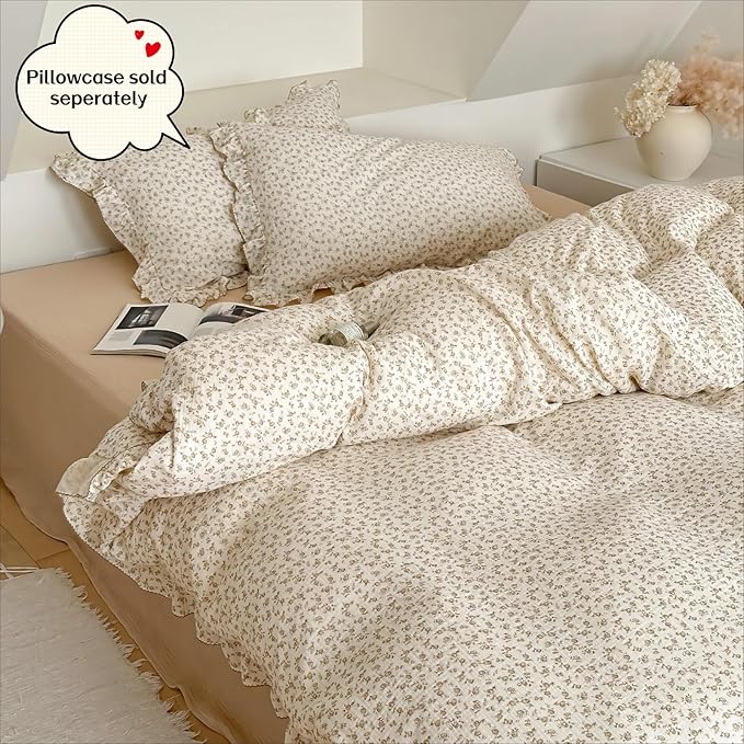 BuLuTu Vintage Floral Design Kids Duvet Cover Twin Cottage Camellia Print Comforter Cover with Ruffles Soft Muslin Cotton Quilt Cover for Girls Boys, Zipper & Corner Ties, No Pillowcase