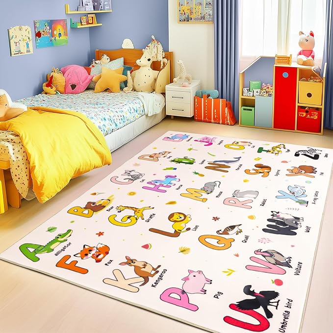 Kids Rugs for Playroom, 4x5 Feet Educational Rug for Learn The ABC Alphabet, Soft Machine Washable Non-Slip Cute Cartoon Animals Carpet for Classroom Toddler Nursery Kids Room Decor, Beige