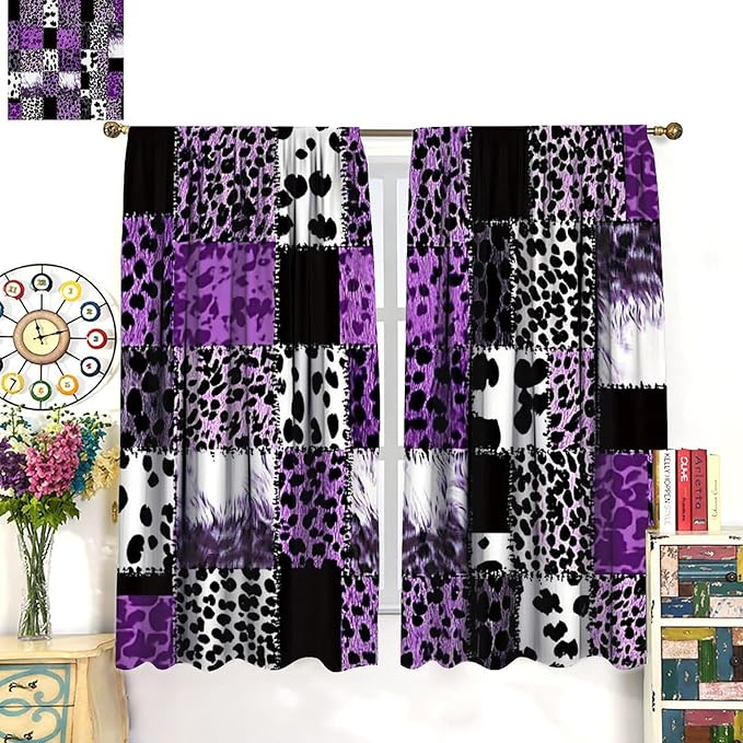 Brown Leopard Curtain, Purple Patchwork Cheetah Panthera Zebra Giraffe Print Safari Wildlife African Wild Animal Skin Window Curtains for Living Room Bedroom 42" W X 63" L