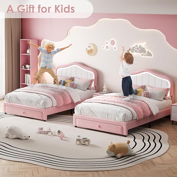 GarveeHome Upholstered Twin Bed Frame with Led Lights and Storage Drawer, Cute Velvet Led Bed Frame with Headboard for Kids, Girls, Boys, No Box Spring Needed, Wooden Slats, Noise Free, Pink