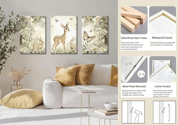 3Pcs Woodland Animal Nursery Canvas Wall Art Cute Forest Animal Wall Decor Pictures Deer and Butterfly Wildflowers Posters Prints for Nursery Bedroom Kids Room Home Decoration Prepare to Hang 16x24in