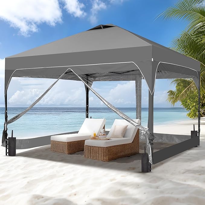 GDY 12x12FT Pop Up Canopy Tent with One Push Setup, Easy Setup Gazebo with 4 PVC Transparent Sidewalls for Events, Parties, Camping, Grey.