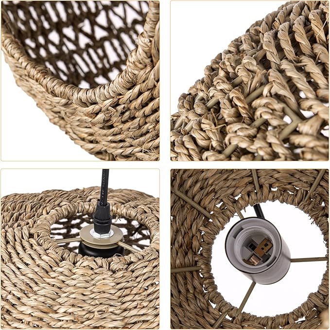 Arturesthome Rattan Chandelier, Handwoven Kitchen Pendant Light,Wicker Lamp Shade Farmhouse Ceiling Lighting Fixtures,Country Weave Hanging Light for Foyer Nursery
