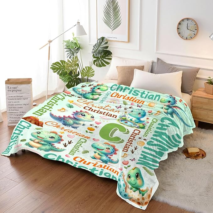 Personalized Custom Green Dinosaur Blanket Gifts for Kids Boys Girls with Name - Customized Green Dinosaur Super Soft Lightweight Flannel Sheets Decor for Crib Nap Couch - 90"x120" for Whole Family