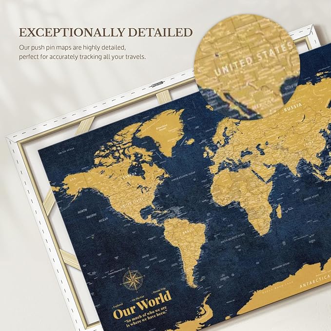 ElephantStock - Personalized Push Pin World Map - Gold Wall Art - Horizontal Canvas Wall Art - Living Room Wall Decor - Digital Art Map Canvas Art - Orange And Blue Decor - 51" x 34"