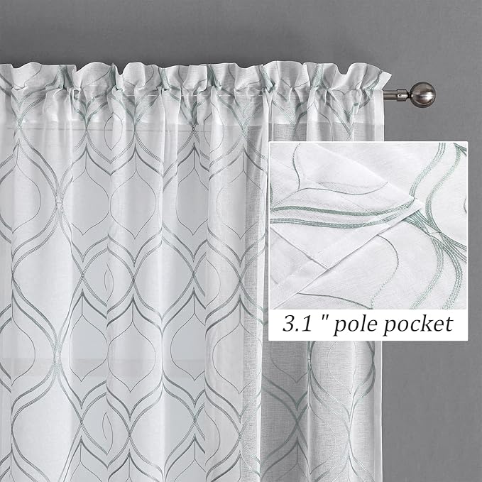 VISIONTEX White Sheer Curtains 72 Inches Long 2 Panels Set Green Moroccan Embroidered Curtains Trellis French Textured Rod Pocket Voile Tulle Semi Window Drapes for Bedroom Living Room 54 x 72 Inches