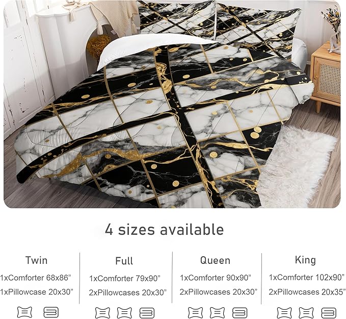 Black White and Gold Comforter: King Size Geometric Marble Bedding Sets Abstract Art Gold Lines Marbling Quilts for Teens Adults 3PC Soft Lightweight Bed Set for All Season