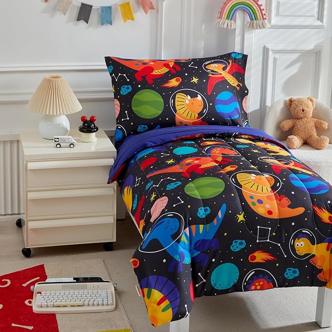 4 Pieces Toddler Bedding Set for Boys Girls Black Toddler Bed Set - Ultra Soft Cartoon Space Orange Dinosaur Toddler Bed in a Bag - 1 Comforter Set 1 Fitted Sheet 1 Flat Sheet 1 Pillowcase