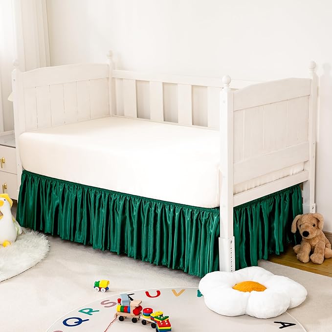Blackish Green Satin Crib Bed Skirt, 52" x 28" with 14" Drop Silky Soft Baby Crib Skirt for Baby Girls or Boys, Fit for Standard Crib & Toddler Bedding