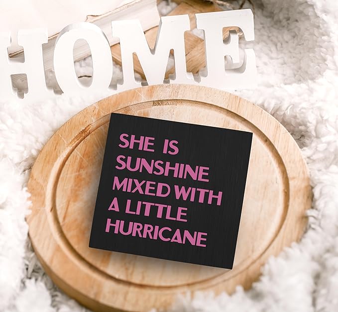SRADMO She Is Sunshine Mixed with a Little Hurricane Boho Purple Wood Box Sign Desk Decor, Baby Girls Inspirational Wooden Box Decor for Girls Room Nursery Shelf Table Decorative Accessories (Black)