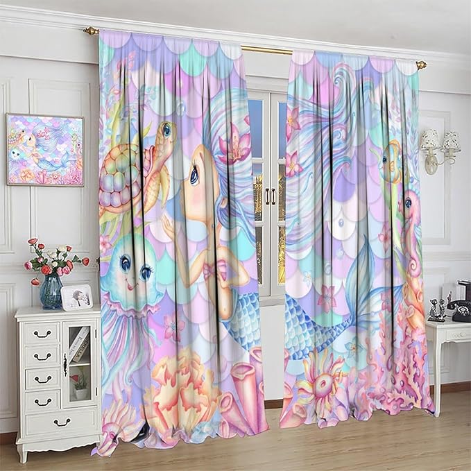 Fantasy Mermaid Curtain Dream Cartoon Marine Organisms Turtle Coral Ocean Theme Dream Blackout Window Treatment for Kids Girls Bedroom Nursery Room Decor Rod Pocket Window Drapes 63x72in