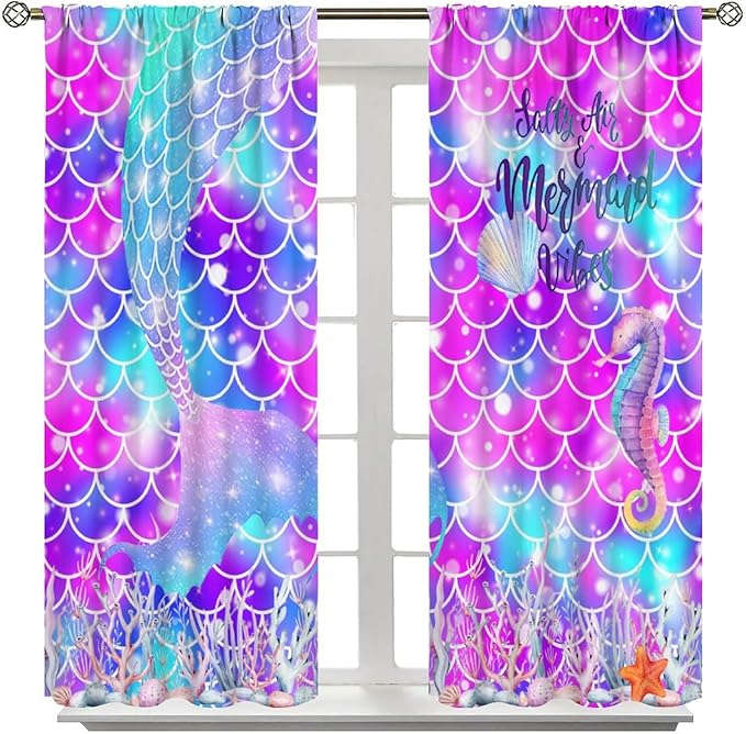 Dream Mermaid Curtains for Kids Boys Girls Ocean Theme Colorful Rainbow Fish Tail Blackout Window Treatment for Bedroom Nursery Room Decor Window Drapes 52" W X 84" L