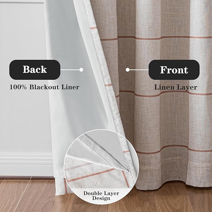 MYSKY HOME 100% Blackout Plaid Farmhouse Linen Curtains 84 Inch Long 2 Panels Set for Living Room Double Layer Checkered Drapes Thermal Insulated Privacy Protection Rod Pocket Back Tab, 52" W, Tan