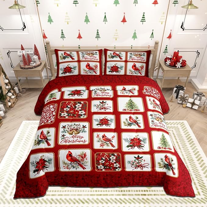 Castle Fairy Merry Christmas Comforter Set King Size,Red Patchwork Xmas Themed Plaid Bedding Set All Season Quilt Set,Cardinals Berries Bells Floral Pine Microfiber Polyester Down Comforter