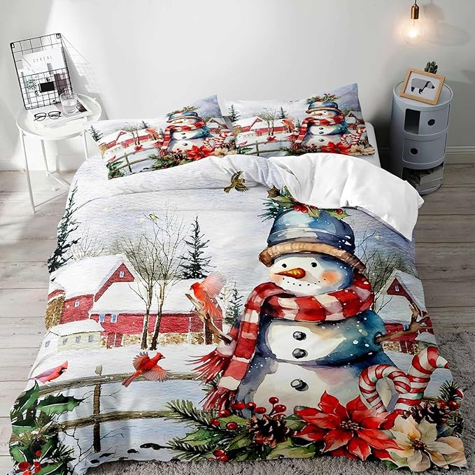LUVIVIHOME 2PCS Cute Snowman Duvet Cover Twin Bedding Sets, Christmas Bedding, Red Bird Cardinal Poinsettia Winter Holiday New Year Xmas Gifts Christmas Comforter Bedspread Quilt Cover, 1 Pillow Sham