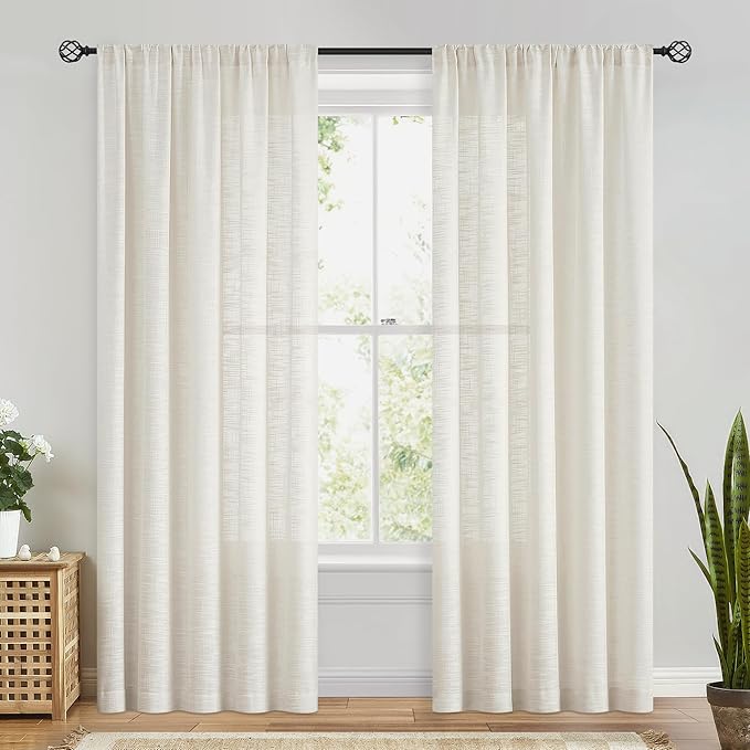 FMFUNCTEX Linen Semi Sheer Natural Curtains for Bedroom Living Room, Beige Curtain Panels 90 Inches Long Sheer Linen Textured Window Drapes Farmhouse Light Filtering 2 Panels Rod Pocket