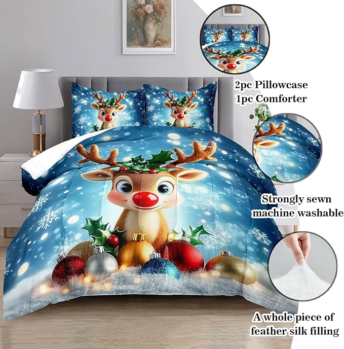 Raphus cucullatus Christmas Bedding King,Reindeer Christmas Decor Comforter Set,Holiday Bedding Winter Quilt,Snowflake Navidad Comforter Set King,Cute red Nose Reindeer Quilt