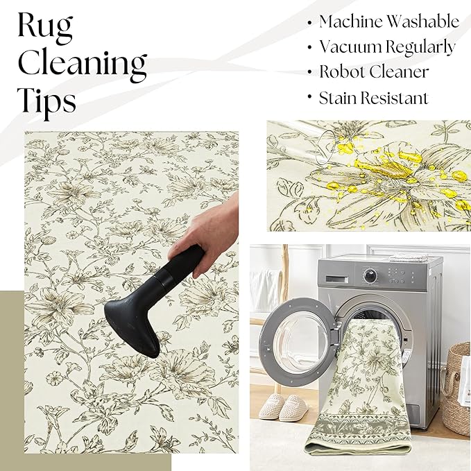 Neutral Beige Floral Area Rugs 6x9 Living Room, Taupe with Beige Tan Flower Design Low-Pile Washable Rugs for Bedroom Dining Room, Vintage Modern Farmhouse Boho Indoor Floor Carpet Kids Playroom