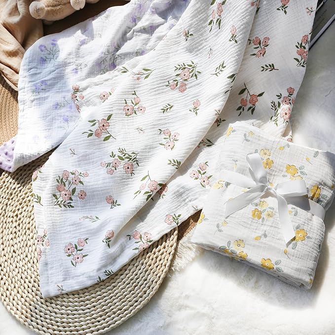 BOPRIO Muslin Baby Blankets for Girls Super Soft Nursery Minky Blankets with Breathable Muslin Cotton Front and 3D Touch Dotted Fleece Backing, Pink Floral Printed Bed Throws Newborn 30 x 40 Inch