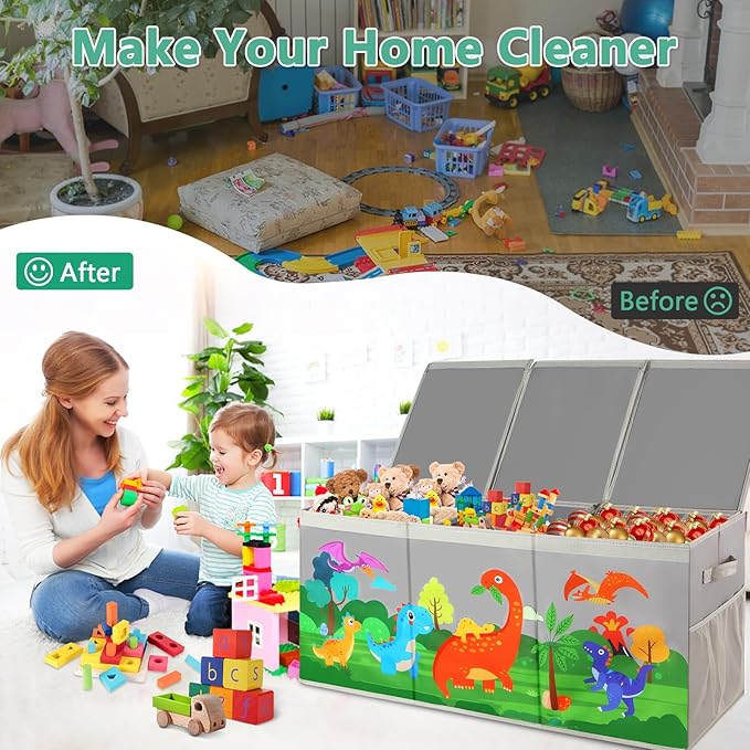 Extra Large Toy Box Chest with Lids, Collapsible Toy Storage Organizer for Kids, Dinosaur Toy Bin Box for Toddlers Boys Girls, Toy Organizer for Living Room Nursery Playroom Bedroom Home Gray