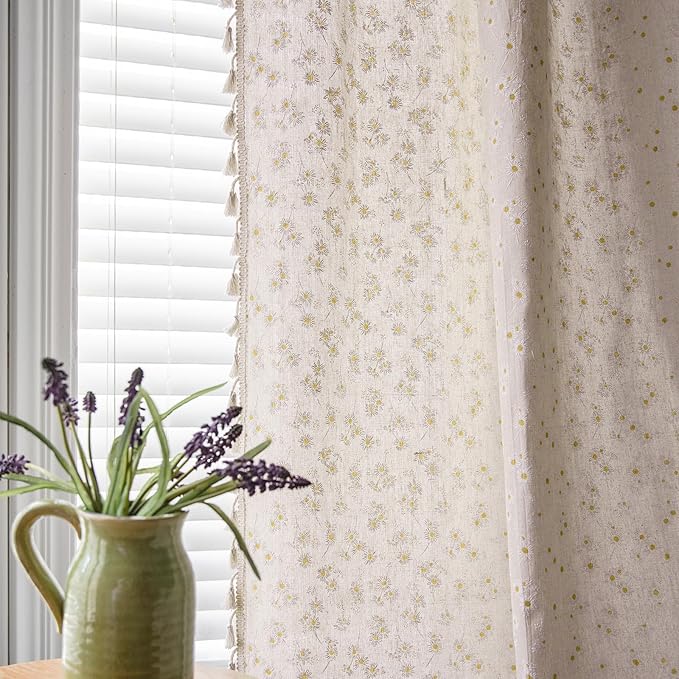 ENJOYBRIDAL Floral Curtains 96 Inch Length 2 Panels Tassel Drapes Rod Pocket Semi-Sheer Boho Daisy Bedroom Living Room Farmhouse Rustic Bohemian Window Curtain Panels
