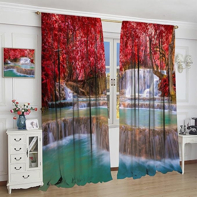 Natural Landscape Waterfall Blackout Curtains, Scenic View Waterfall Forest Autumn Window Drapes, for Bedroom Living Room 42" W X 45" L