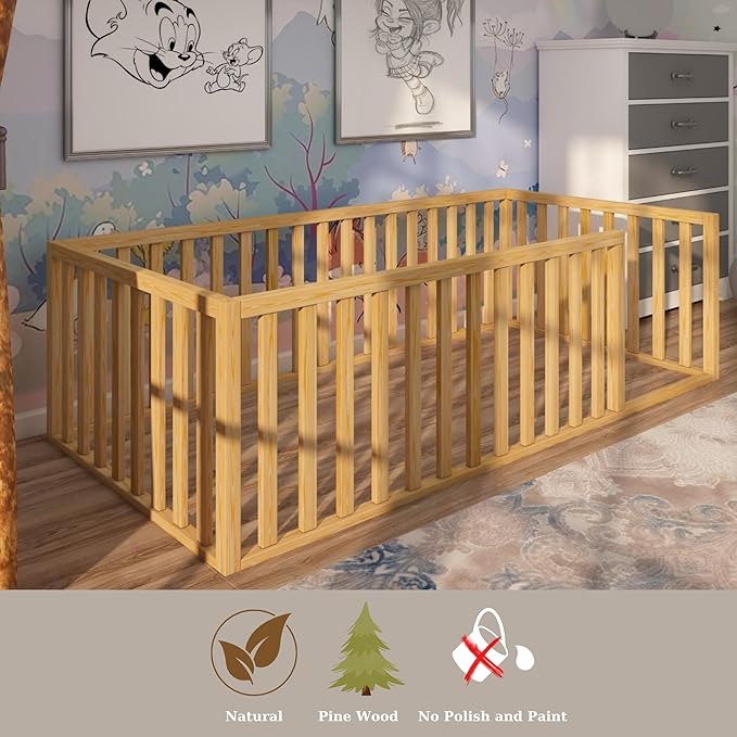 Montessori Floor Bed for Kids 39.4'' x 75.2'' Twin | Toodlers Floor Bed with Safety Guardrails | Pine Wood Baby Bed | Sturdy Wood Frame Bed for Girls and Boys (Twin, Height : 19 Inches)
