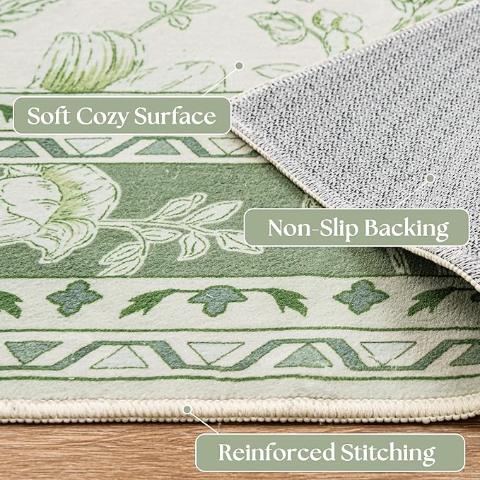 Sage Green and Cream Rug 10x14 Living Room Machine Washable Area Rugs Vintage Boho Farmhouse Sketch Style Floral Extra Large for Bedroom Non Slip Soft Carpet for Dining Room Playroom Floor Covering
