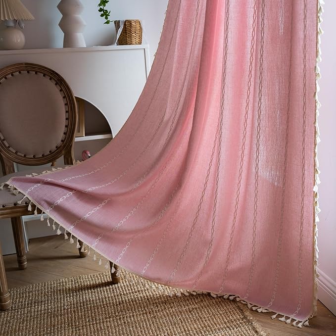 Deeprove Pink Boho Curtains 96 inches Long for Baby Princess Teenage Girl School Bedroom Nursery Room, Blush Bohemian Embroidery Farmhouse Privacy Fringes Window Treatments Decor, W52 x L96, 1 Panel