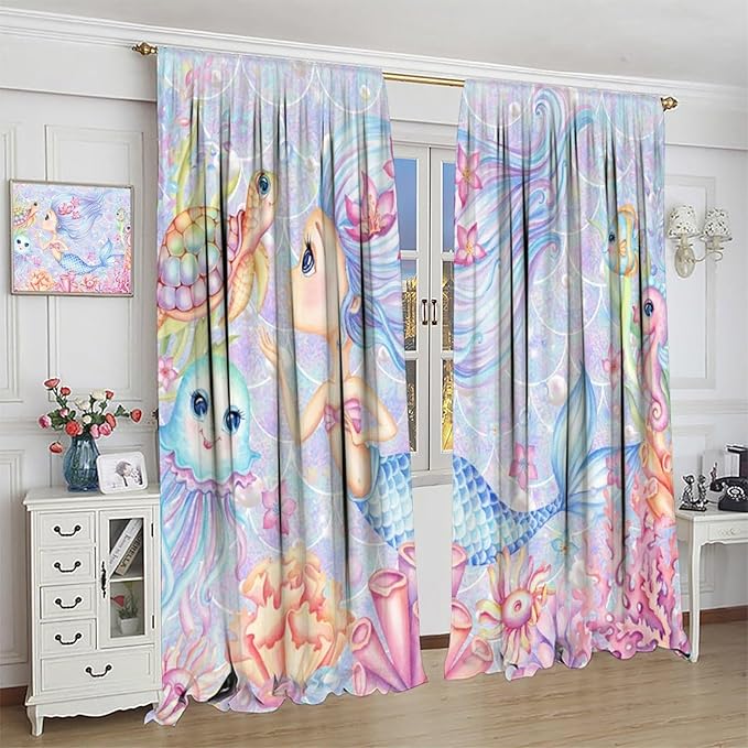Mermaid Curtains for Girls Children Pink Sea Animal Mermaid Coral Bedroom Curtains for Living Room Room 42x63 Inch