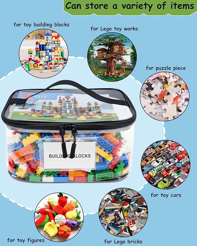 6 Pack Extra Large Clear Toy Storage Bags with Tag and Manual Pocket – Versatile Waterproof Organizer Bags for Lego Bricks, Board Games, Building Blocks, Puzzles, Dolls, Books (XX-Large Size, Black)