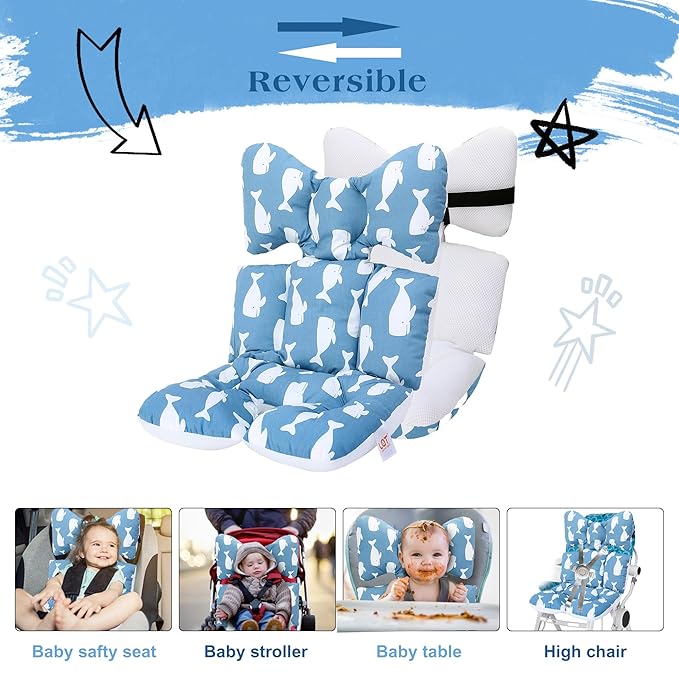Baby Seat Pad Liner for Stroller–Soft and Breathable，3D Air Mesh Cotton Universal Baby Stroller Cushion (Whale)