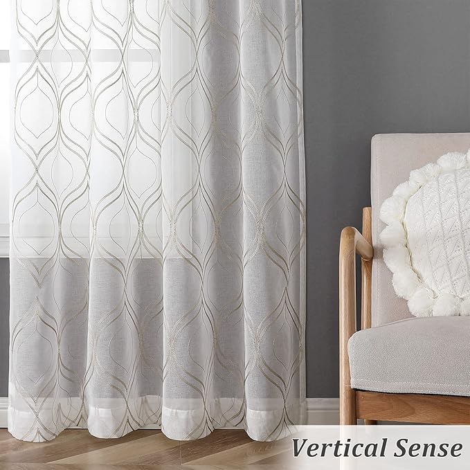 VISIONTEX White Sheer Curtains 84 Inches Long 2 Panels Set Brown Moroccan Embroidered Curtains Trellis French Textured Rod Pocket Voile Tulle Semi Window Drapes for Bedroom Living Room 54 x 84 Inches