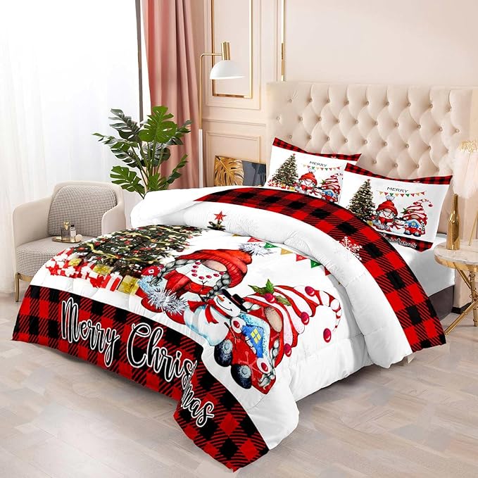 LUVIVIHOME 3PCS Merry Christmas Comforter Set Full Size, Funny Gnome Bedding, Red & Black Plaid Snowflake Snowman Xmas Christmas Bedroom Decor for Kids Girls Boys Teens, White Quilt, 2 Pillow Cases
