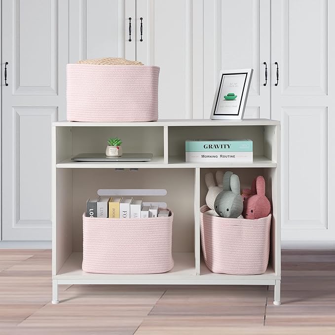 Cotton Rope storage Basket Bins Woven Basket for Organizing Shelves 14.5X9.5X9.3" Rectangle Decorative Baskets For storage Clothes Toys Books Towels Nursery basket organizer 3 pack light pink