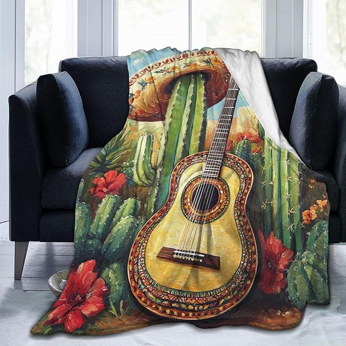 Western Guitar Blanket Cactus Decor Throw Blanket Super Soft Flannel Lightweight Fluffy Plush Cozy Fuzzy Fleece Cowboy Gifts Blanket for Kids Boys Adults Man for Bed Sofa 50"X60"