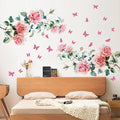 2Sheets Removable Pink Rose Vine Flowers Decals Green Leaves Decals DIY Pink Butterfly Wall Decal Self-Adhesive Wall Art Decor for Girls Room Living Room Bedroom TV Backdrop Decor