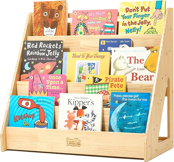 FUNLIO Solid Wood Montessori Classroom Bookshelf, 5 Tier Front-Facing Book Shelf for Kids, Toddler Bookshelf with Handle and Back Storage Space, Bookcase for Nursery/Playroom