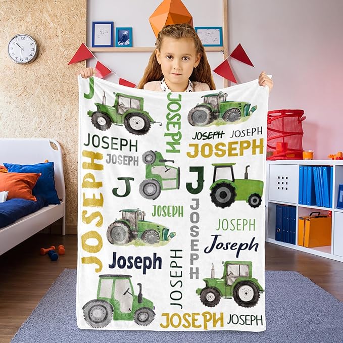 Personalized Tractor Blanket with Name for Baby Boys, Custom Name Blanket Trucks for Kid, Soft Flannel Toddler Blankets Customized Gift for Newborn Baby Shower Birthday-60 x80