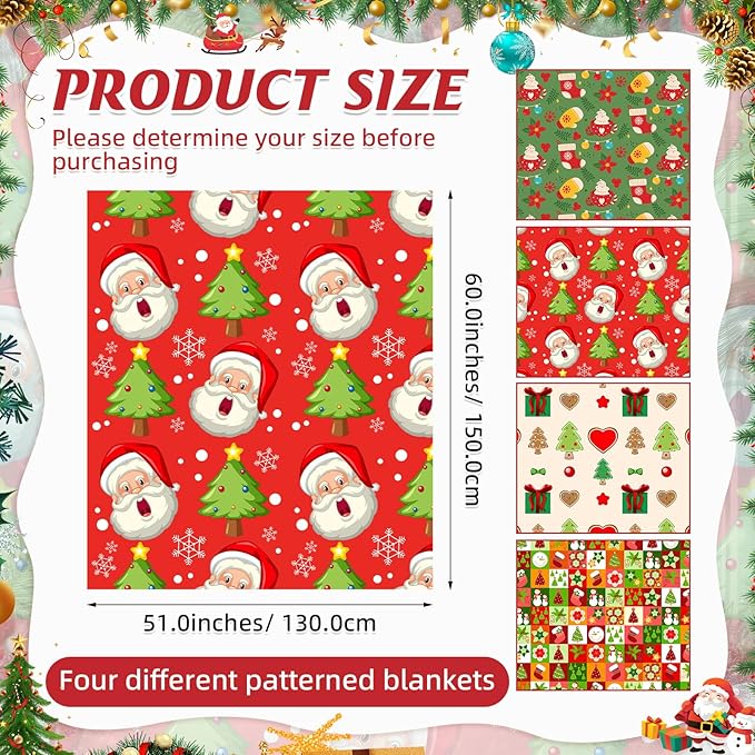 Buryeah 4 Pack Christmas Throw Blankets Bulk Snowmen, Santa Claus, Snowflakes, Xmas Tree Soft Cozy Lightweight Christmas Plush Flannel Blanket for Sofa, Couch, Home Decor Xmas Supplies, 50 x 60 Inch