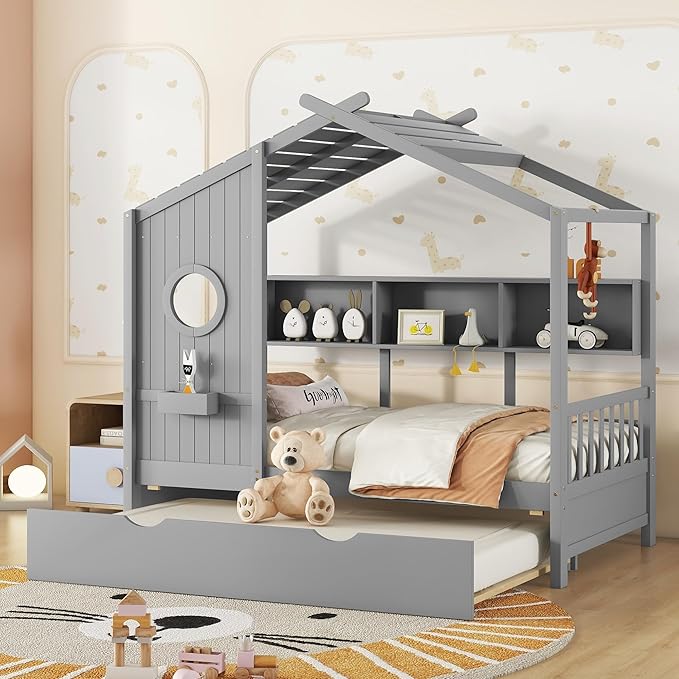 Merax Wood Twin House Daybed with Trundle & Book Shelf, Low Sofa Day Bed for Boys Girls No Box Spring Needed Gray