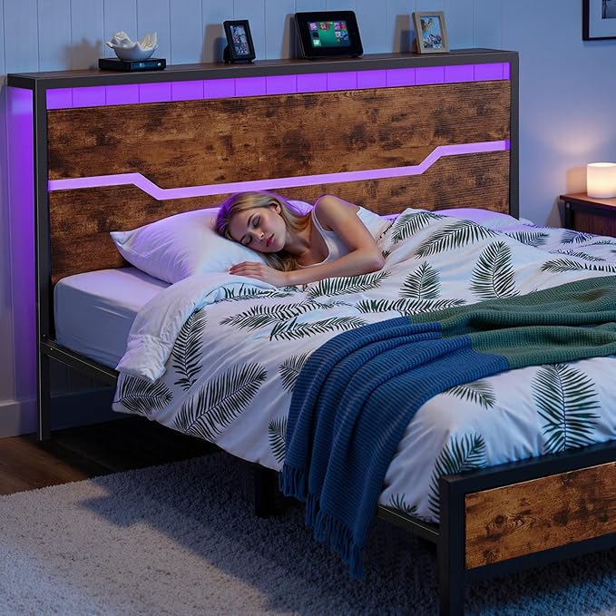 Full Size Bed Frame with LED Lights & Charging Station, Bed Frame Full with Headboard,13" Under Bed Storage, Noise-Free Heavy Duty Metal Support, Modern Brown