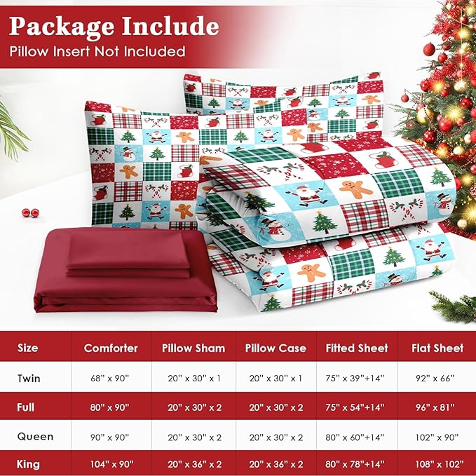 7 Pcs King Size Christmas Comforter Set with 2 Pillowcases & 2 Shams, Colorful Plaid Snowman Bedding for Kids and Adults, Cute Gingerbread Man Bed in a Bag with Flat Fitted Sheet