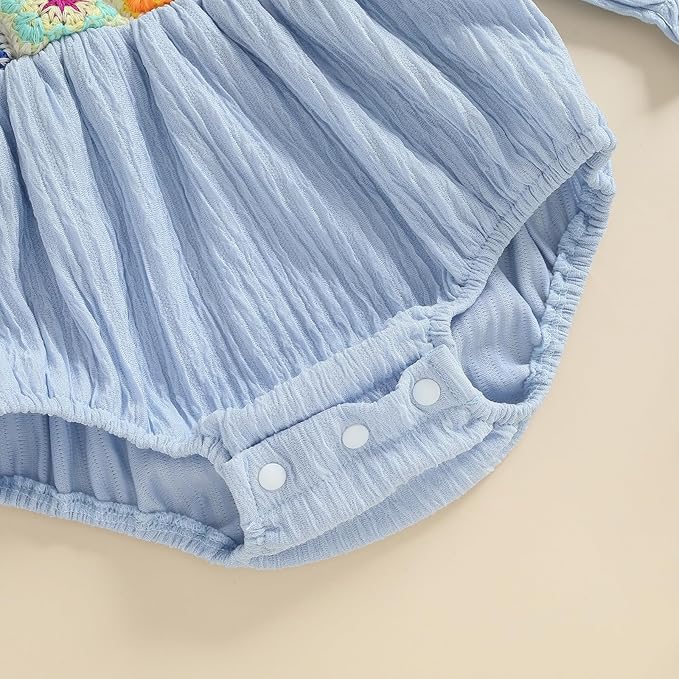 Gaono Newborn Baby Girl Smocked Bubble Romper Cute Boho Summer Clothes Ruffle Sleeveless Crochet Flower Vintage Bodysuit