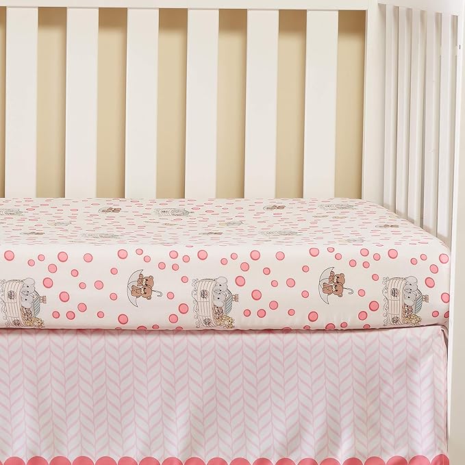 EVERYDAY KIDS Precious Moments Noah’s Ark 4 Pc Crib Bedding for Girls Nursery Set Includes Baby Bed Quilt, Fitted Sheet, Dust Ruffle and Diaper Stacker with Sweet Images of Elephants and Giraffes